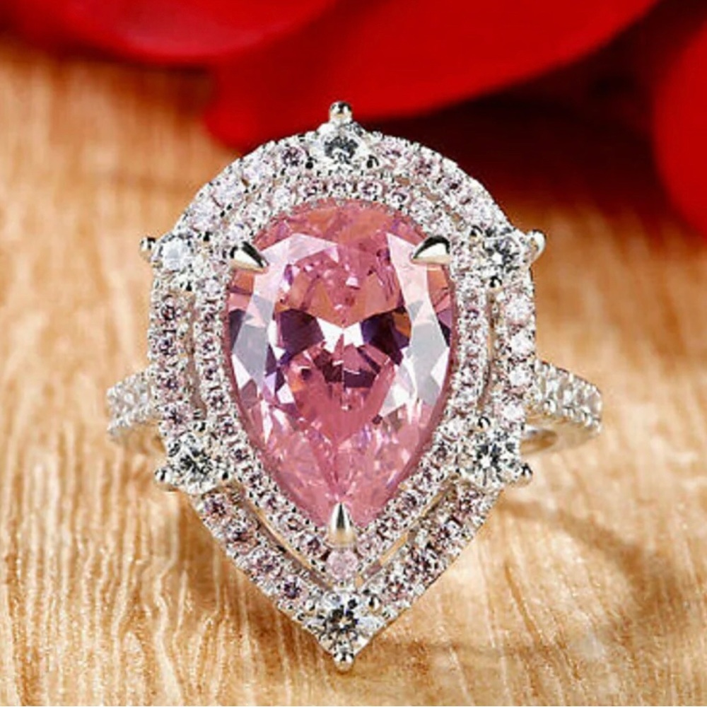 Pink Pear Cut 925 Stamped Silver Ring